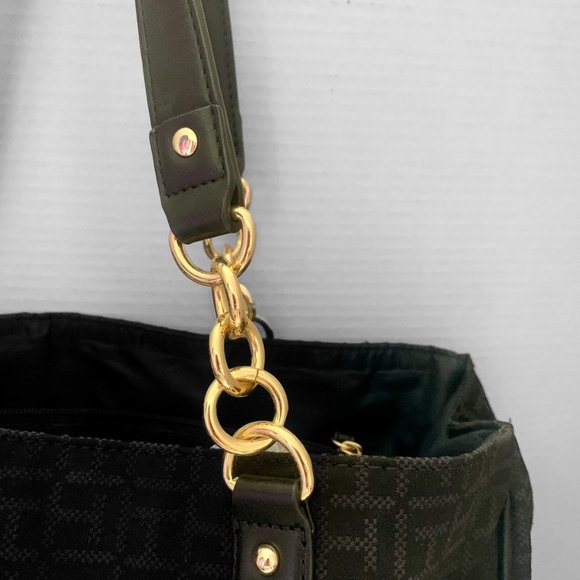 Tommy Hilfiger, Large, Black, T H Motif, Cloth Tote, Chain Handle - Picture 5 of 16